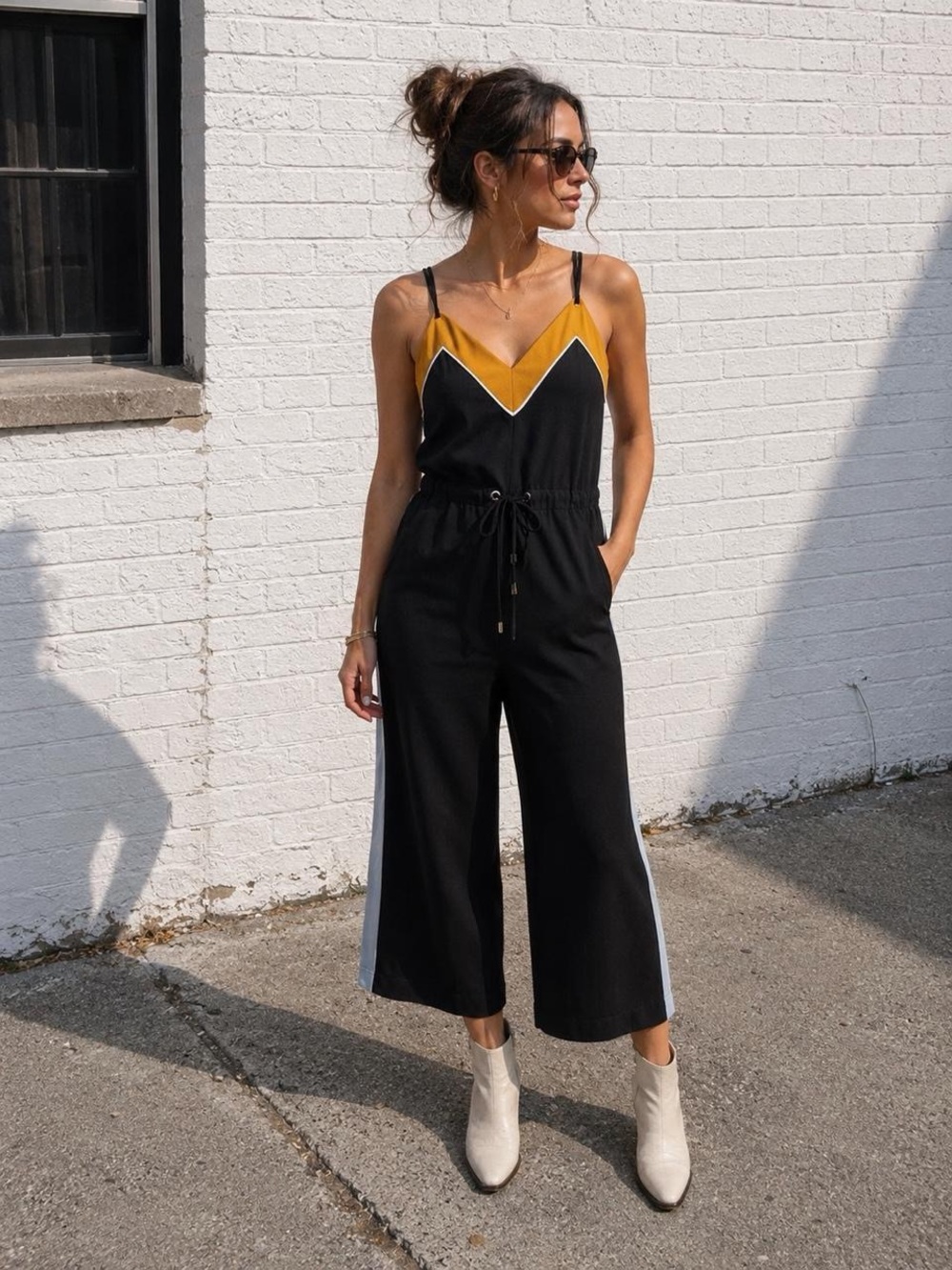 Women’s Black & Mustard Spaghetti-Strap Jumpsuit